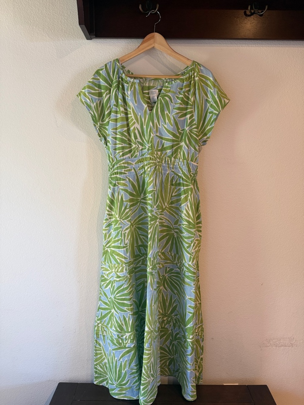 🆕 Sigrid Olsen Linen Blend Green Palm-Print Maxi Dress w/ Pockets, Size M